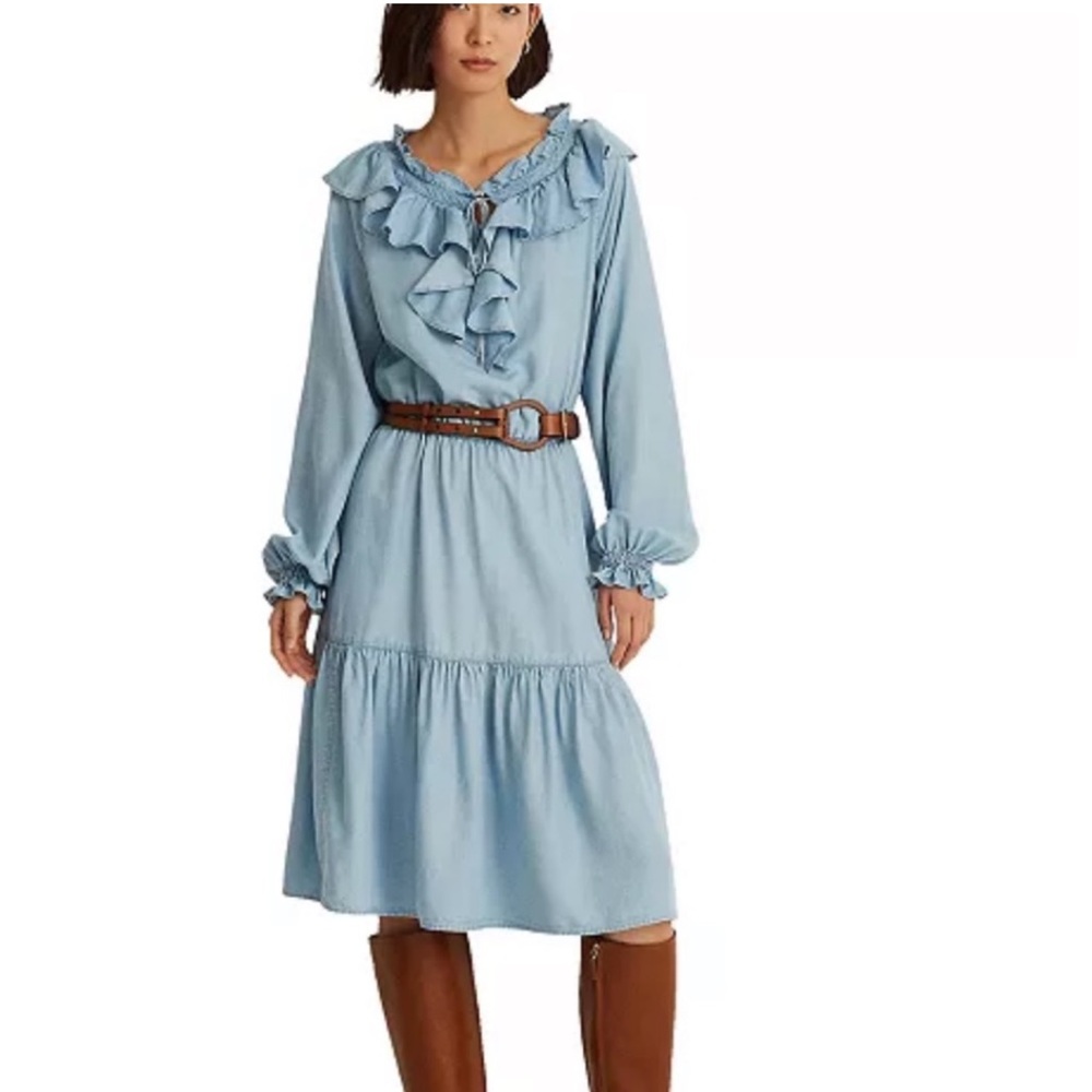 Lauren Ralph Lauren Light Blue Long Sleeve Ruffle Midi Dress